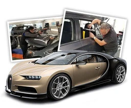 Bugatti Chrysler in front of pictures of professional paintless dent repair training.